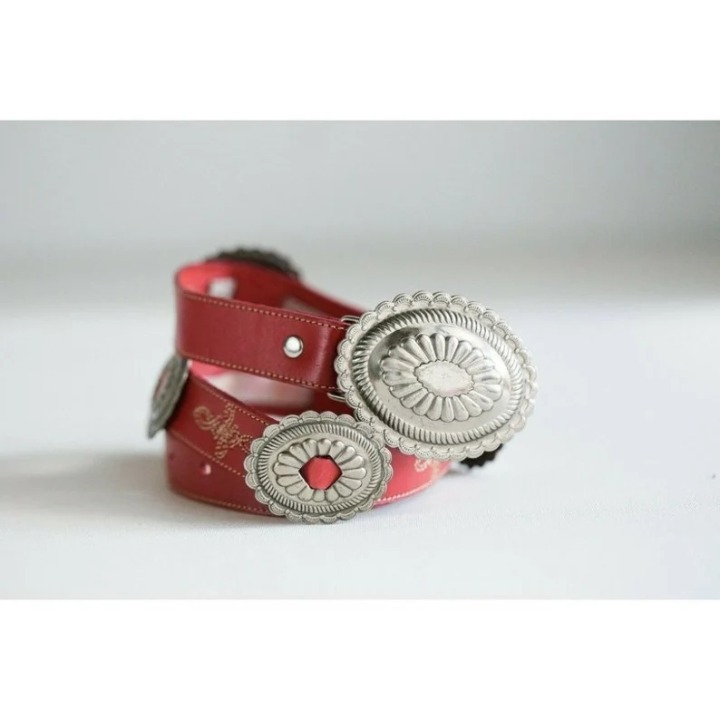 Red Leather Detail Embroidered Skinny Belt