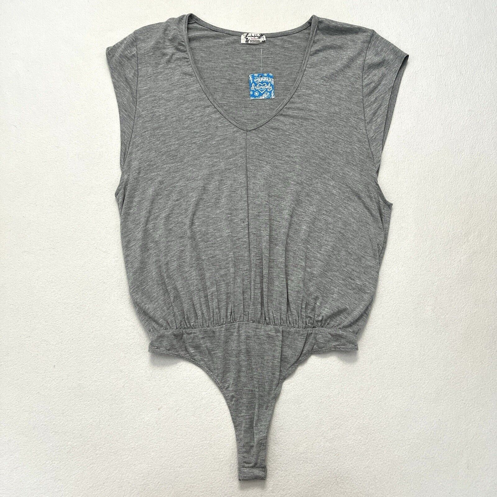 NWT Free People Intimately Women Light Grey V Neck Short Cap Sleeve Bodysuit M