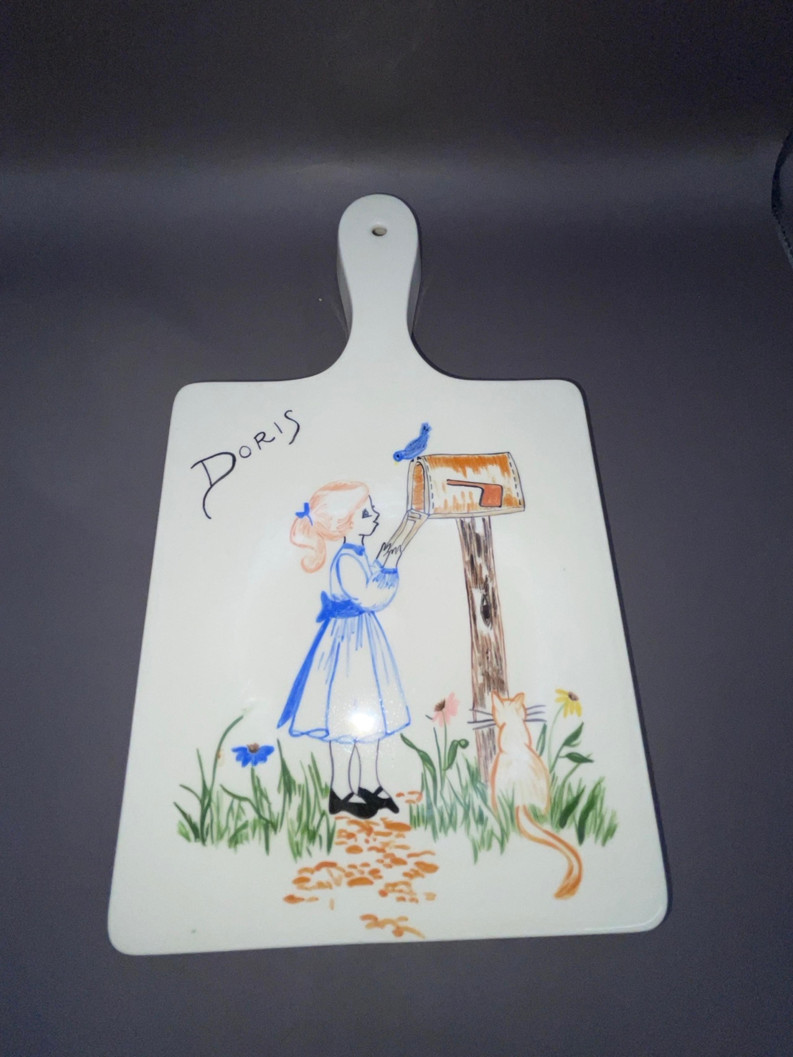 Vintage Hand Painted Girl Checking Mail Art Trivet 1979