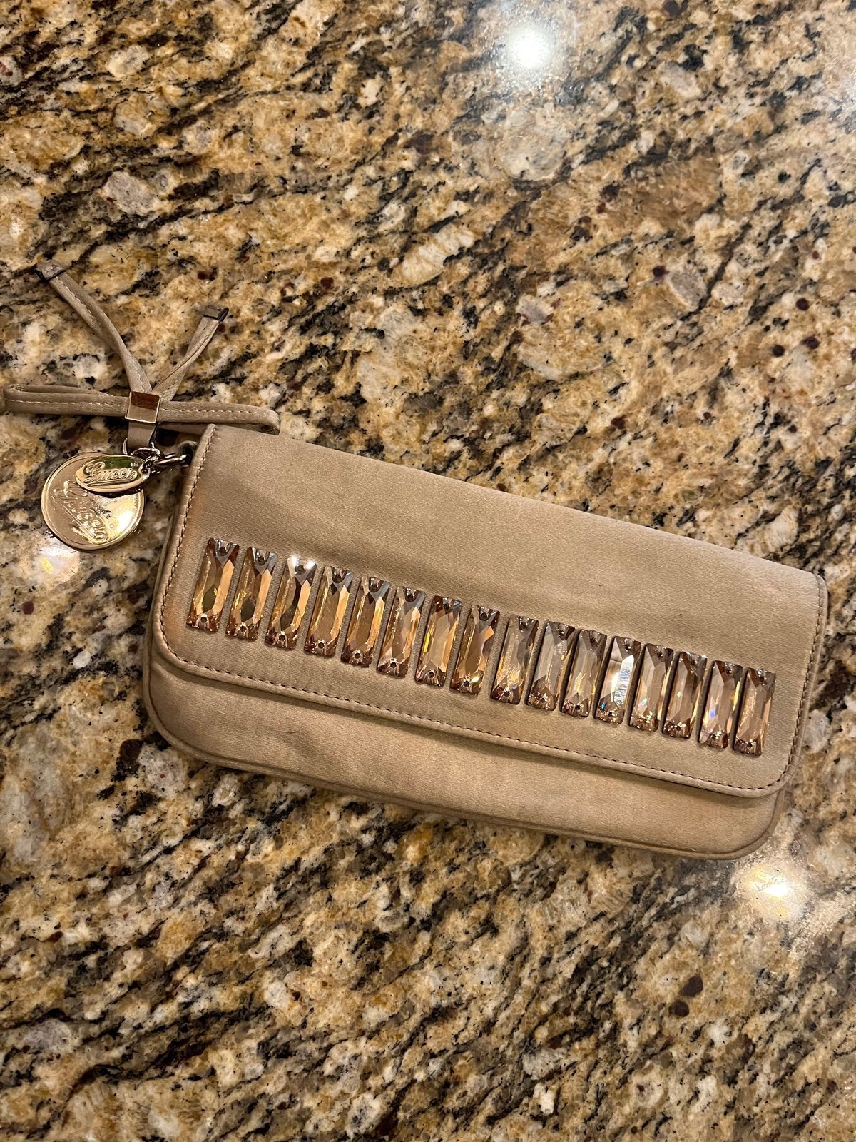 Gucci Vintage Satin Moonlight Crystal Clutch Champagne wristlet Bag
