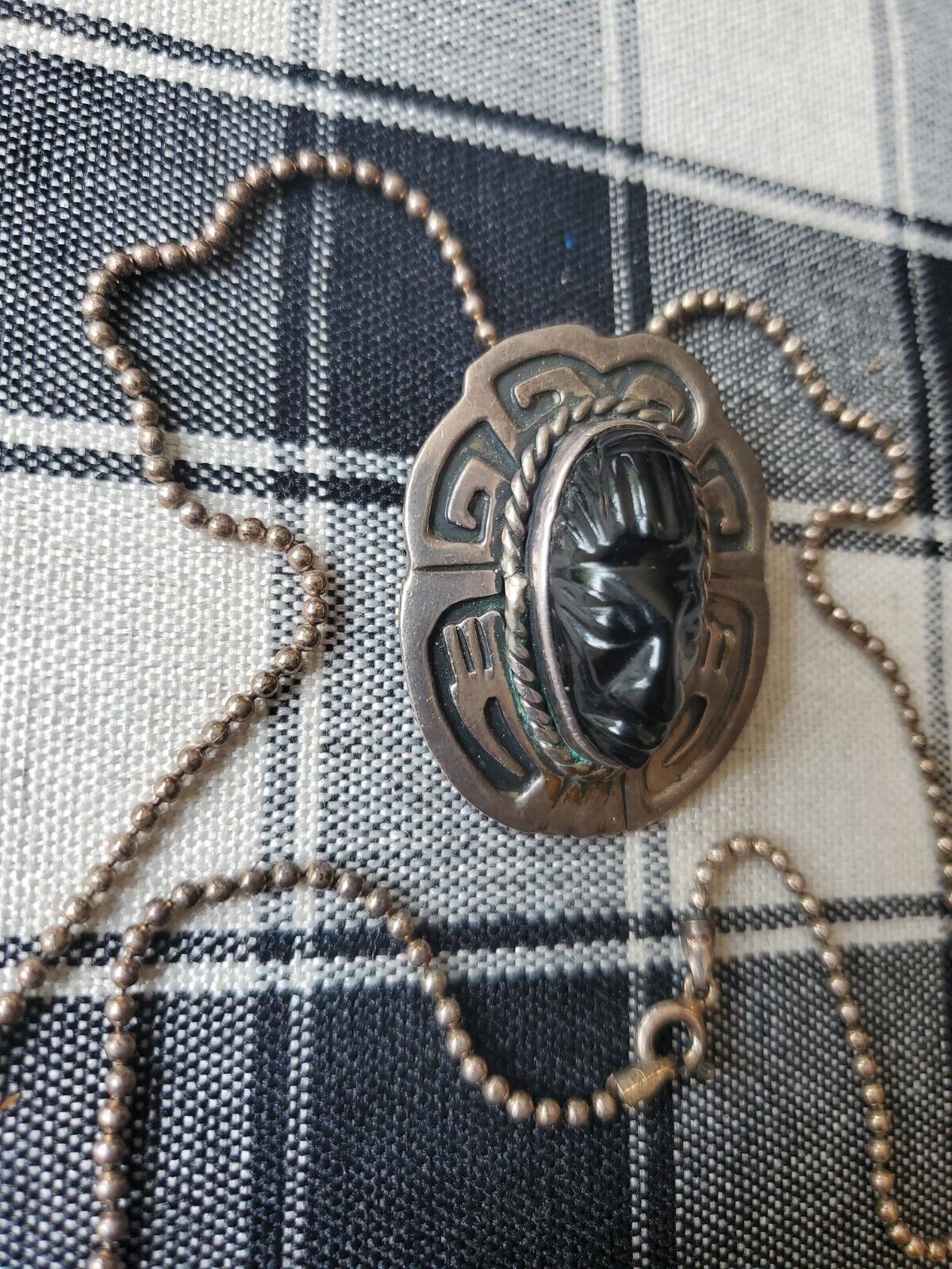 Vintage Sterling Silver Carved Onyx Mayan Face Pendant Necklace 18
