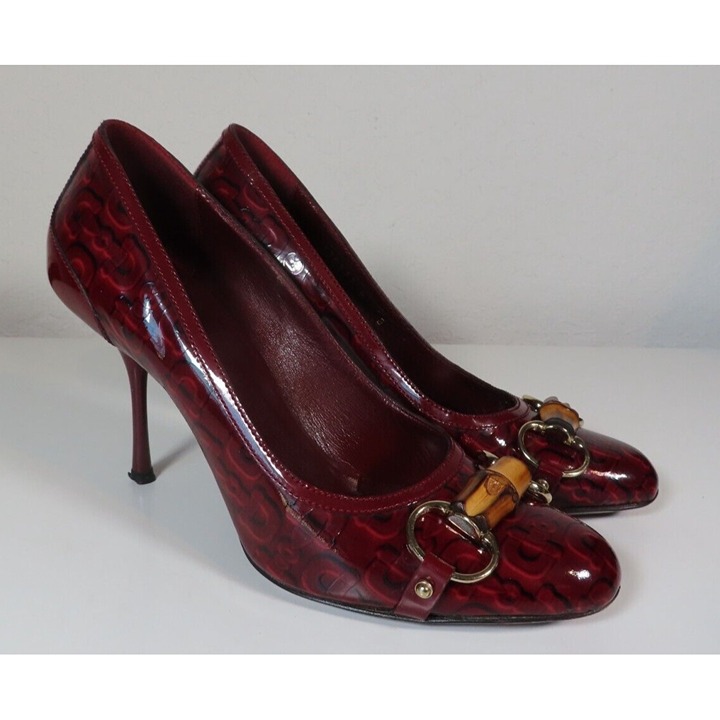 VTG GUCCI 4” Heels Stilettos Pumps Maroon - Bamboo Horse Bit Red Pumps Size 8