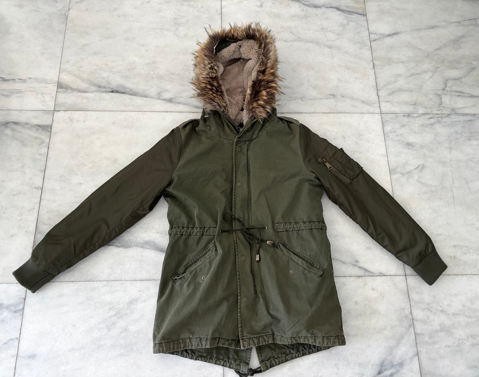 Men’s Spitfire Green Parka Faux Fur Lined Hooded Winter Coat Jacket Size XL