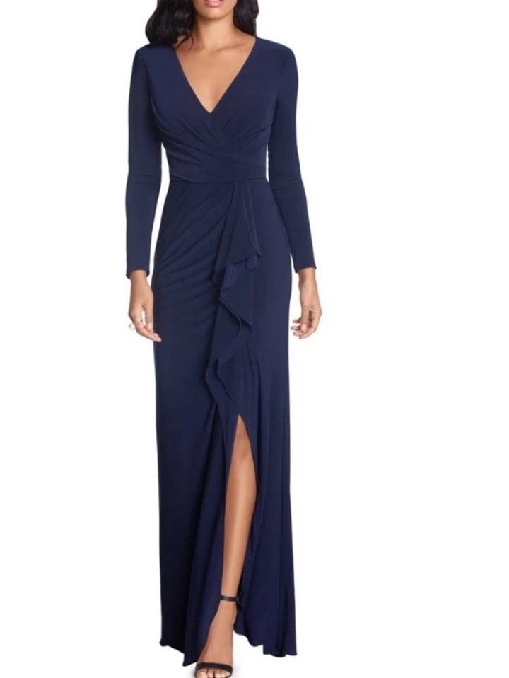 BETSY & ADAM Blue Cascade Ruffle Deep V-Neck Stretch Jersey Gown Size 18 W