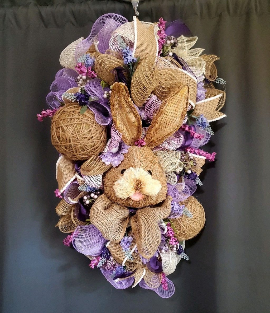 Easter Bunny Bow Ribbon Wicker Purple Handmade Wreath Decor 29