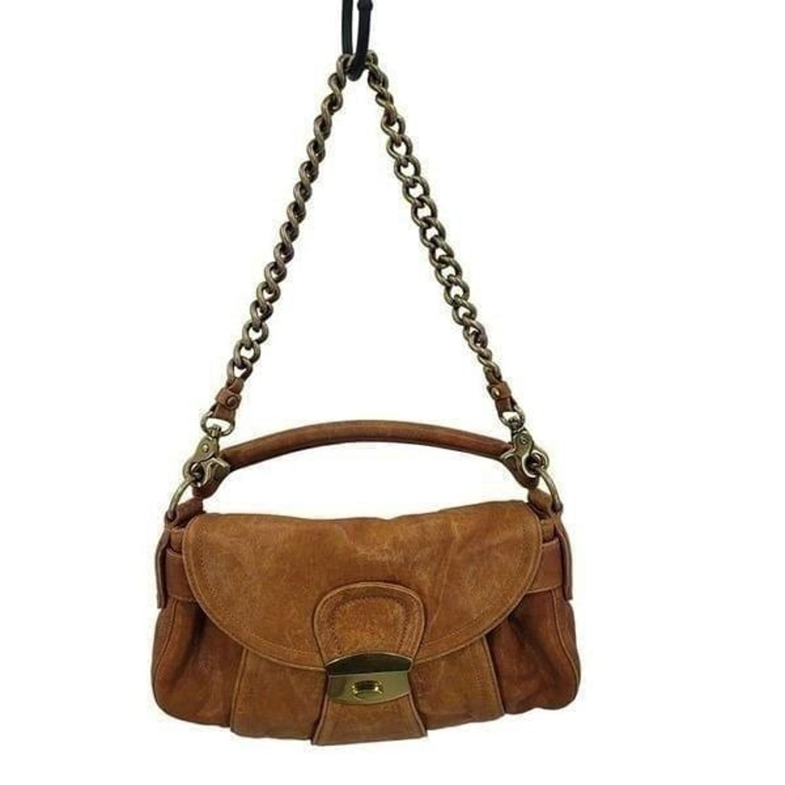 Vintage Kooba Brown Leather Satchel Shoulder Bag Handbag Brass Chain Boho