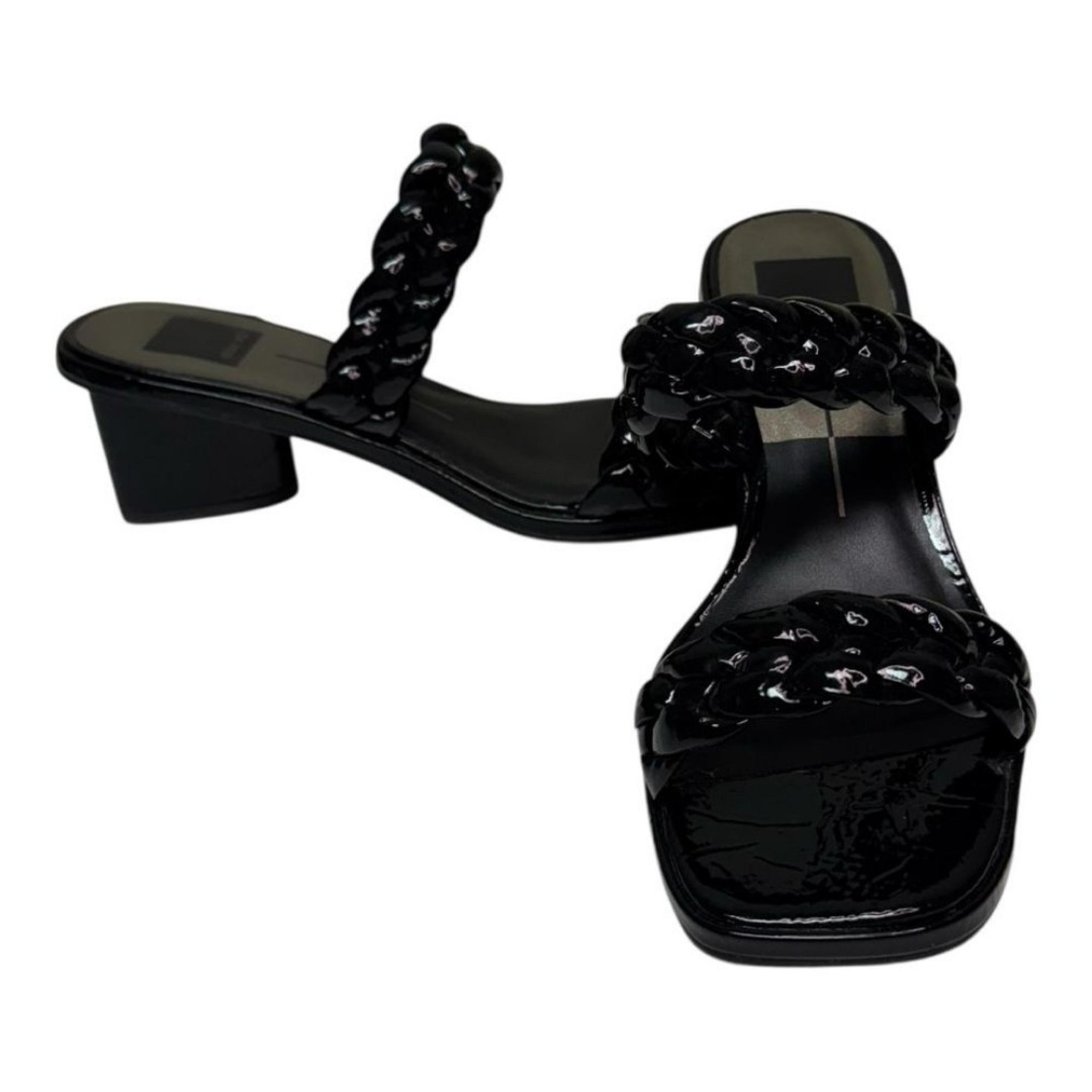 Dolce Vita Black Crinkle Patent  Block Heel Braided Strap Sandal Shoes Size 9