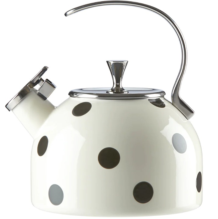 Kate Spade Lenox Art Deco White Black Polka-dot Whistling Tea Kettle 2.5 Quart