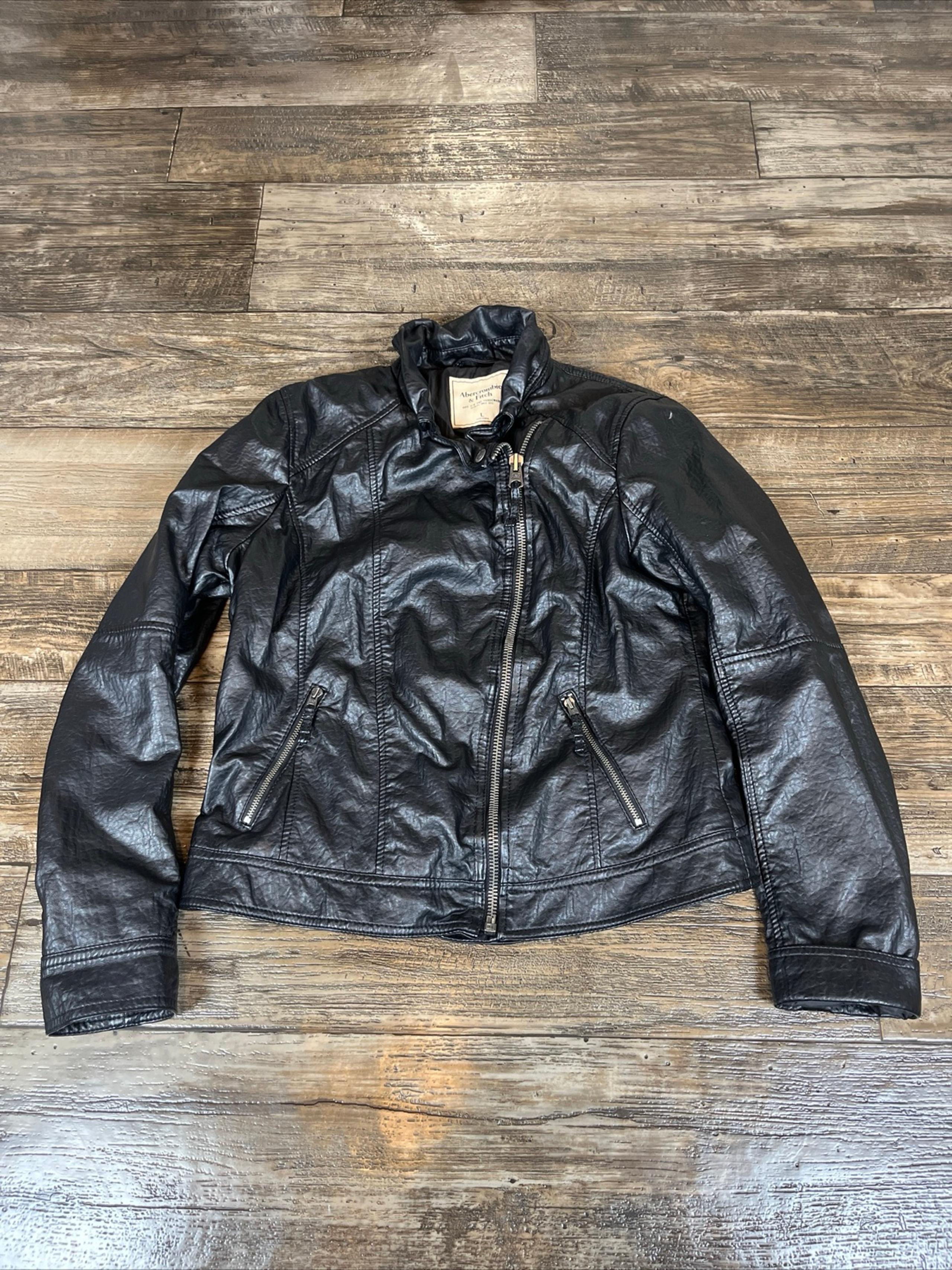 Vintage Abercrombie Fitch Leather Jacket Womens Large Black Full Zip Y2K Grunge