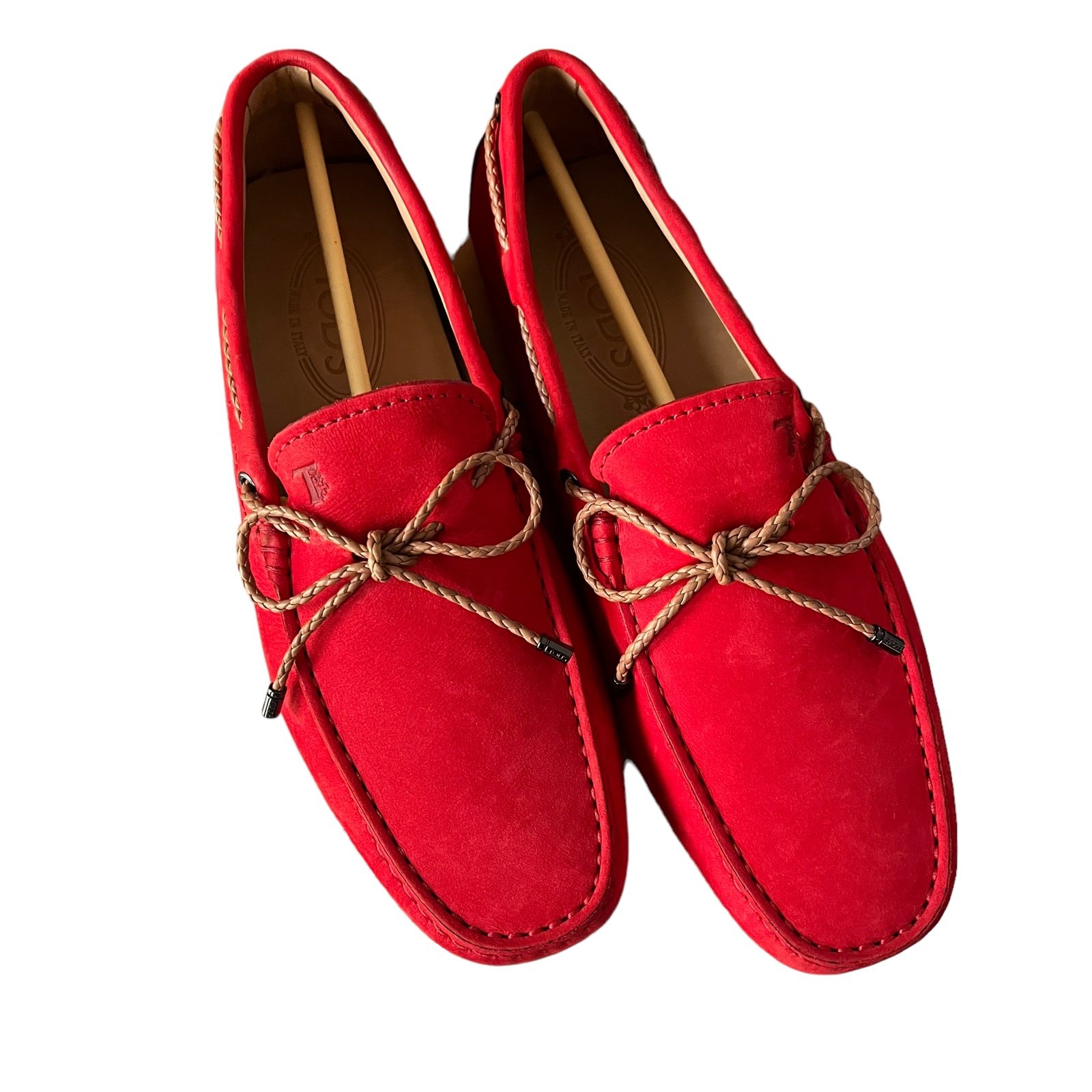Tod's Red Nubuck Leather Bow Slip On Loafers Men’s Size 7.5