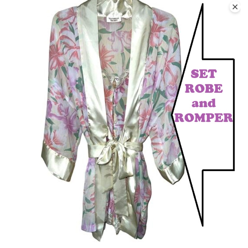 Victoria's Secret Medium LOT ROBE + ROMPER Lingerie Nightgown Gold Label Y2K