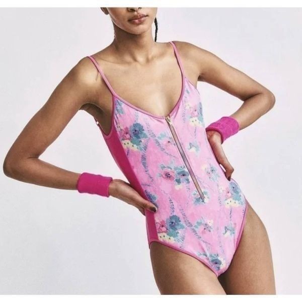 LoveShackFancy X Beach Riot Cheryl Swim Suit in Hints of Hibiscus Pink Sz XS