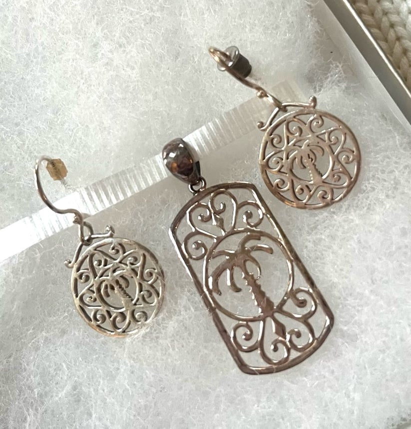 Southern Gates Palmetto Tree & Moon Pendant & Earrings Set 925 Sterling Silver