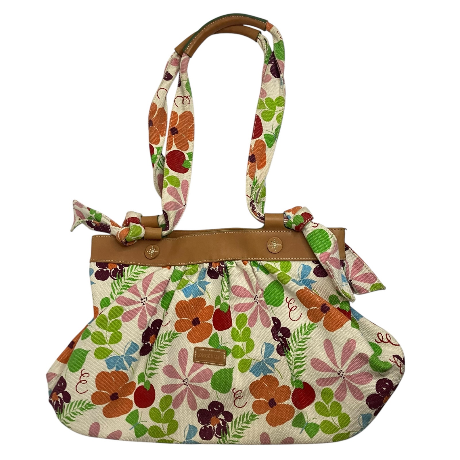 Longchamp Women's Floral Canvas Leather Trim Shoulder Bag