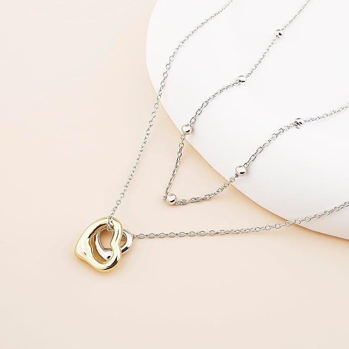 Double-Heart Necklace & Satellite Chain Choker Set, 925 Sterling Silver Jewelry