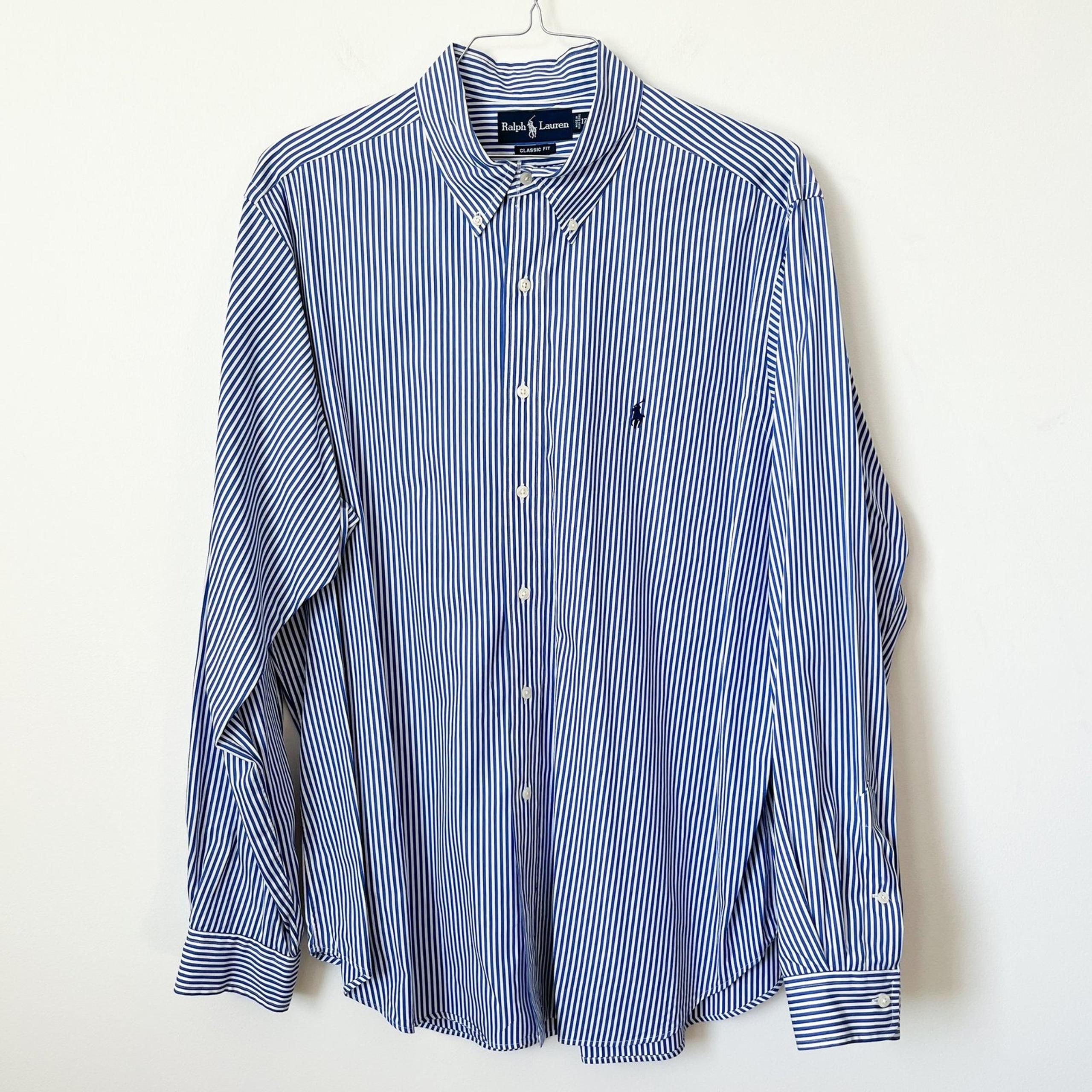 Ralph Lauren Classic Fit Button Down Shirt Mens XL 17.5 Blue Micro Stripe Office