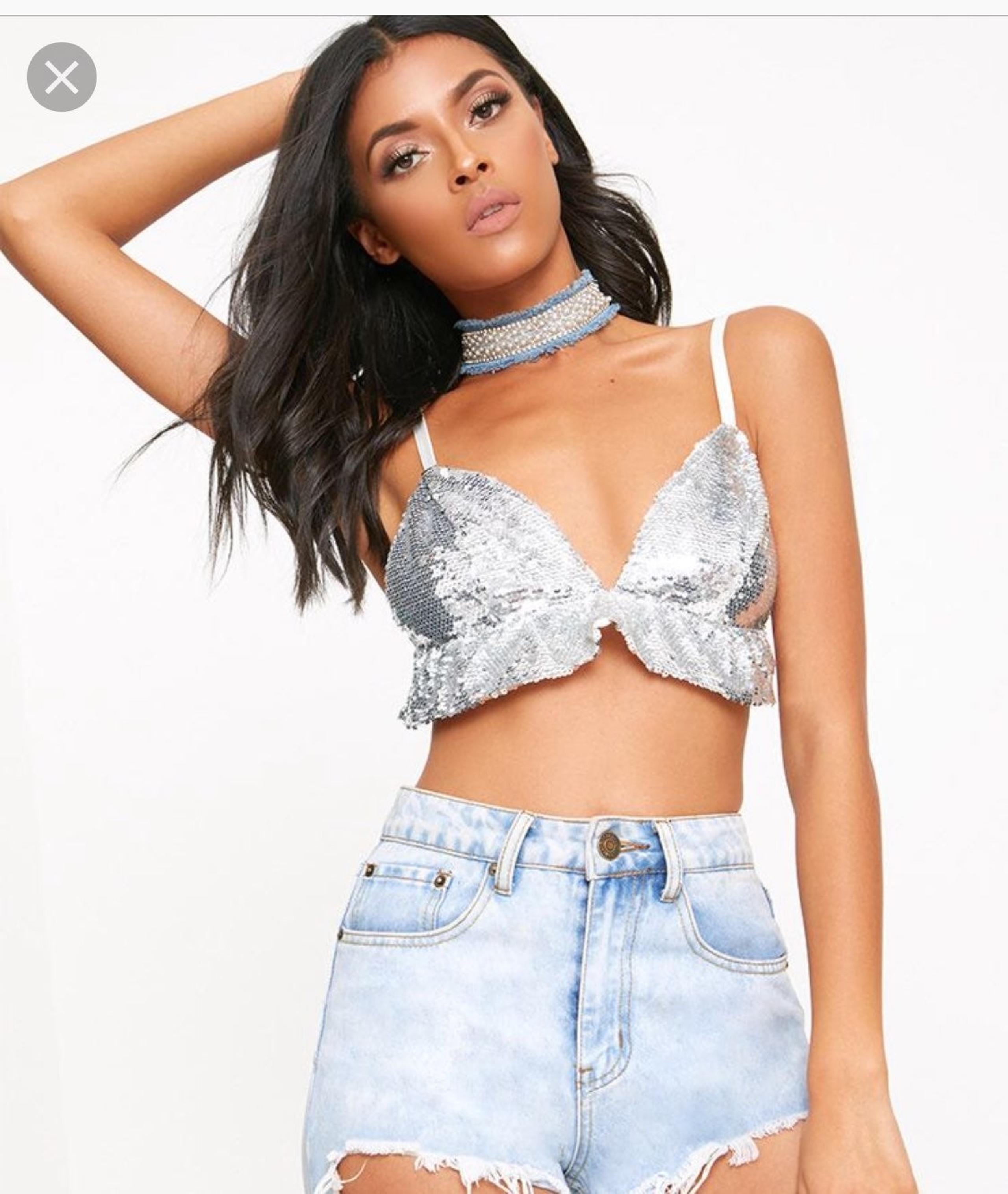 Silver Sequin Frill Hem Crop Top