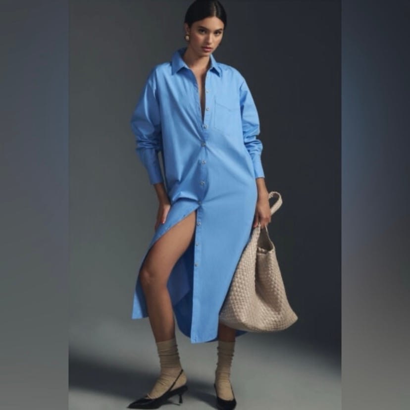 Maeve Anthropologie The Soren Midi Button Down Shirt Dress XS Oversized Blue