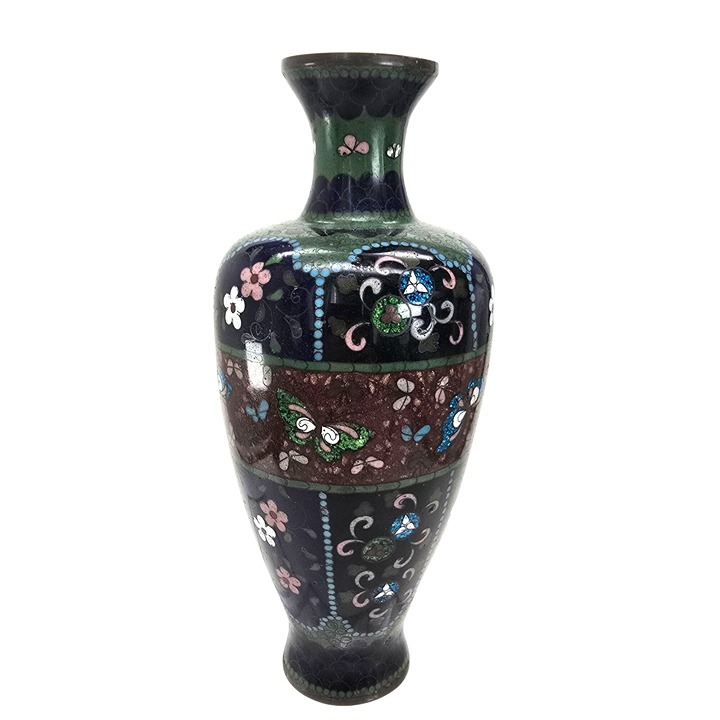 Cloisonné Vase Butterfly & Floral Motif on Copper 8 Vintage JE378