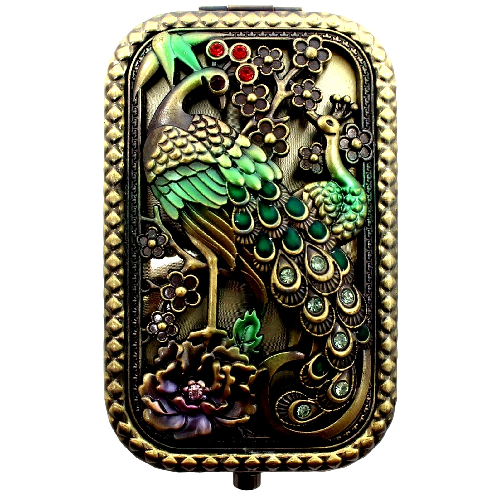 Benestfit Peacock Flower Art Mirror • Rhinestone Enamel Dark Copper Tone Design