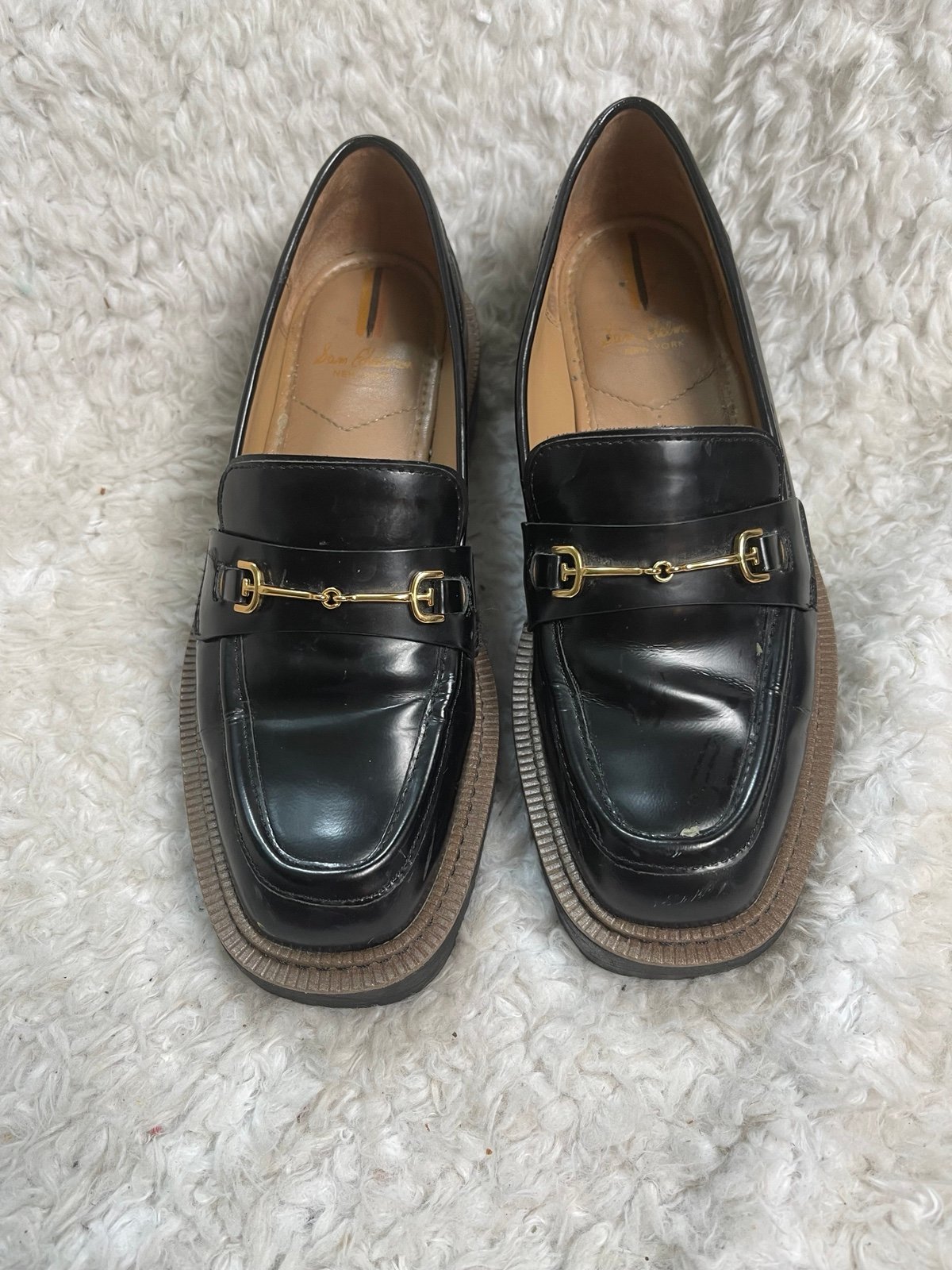 Sam Edelman Laurs Black Leather Platform Loafers Chunky Heel Horsebit SZ7.5 pre