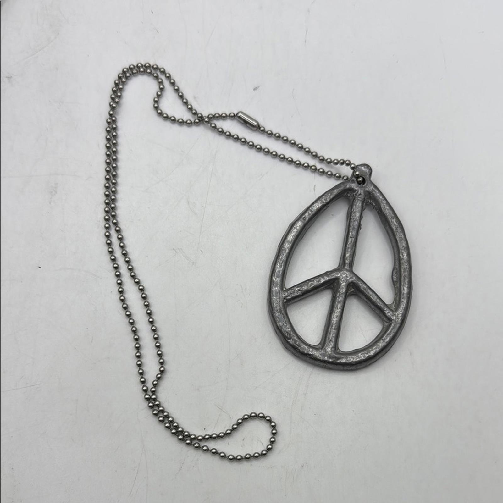 Vintage Pewter Silver Peace Pendant Necklace Woodstock Hippie Boho Jewelry Heavy