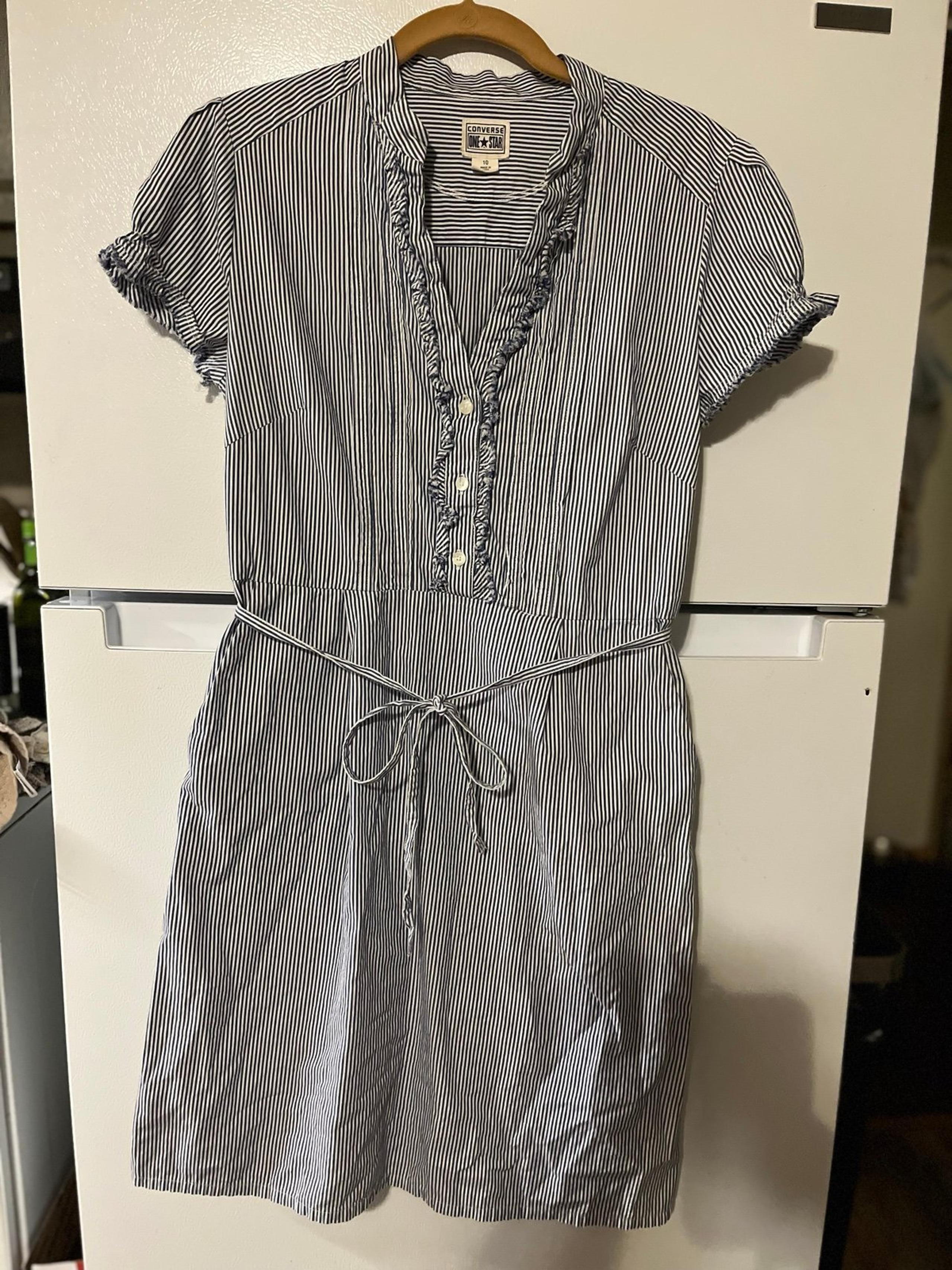 Converse One Star Shirt Dress Womens Blue Stripe Short Sleeve Ruffle Size 10