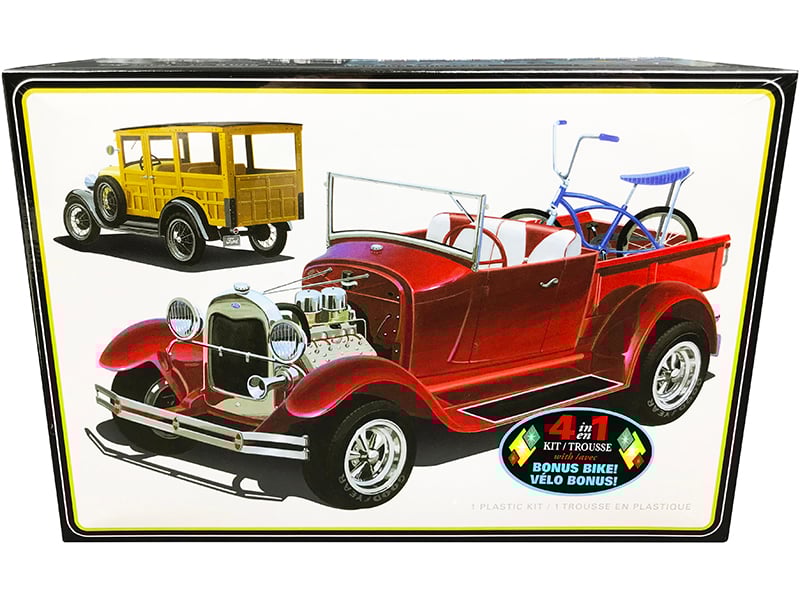Skill 2 Model Kit 1929 Ford Woody Pickup 4-in-1 Kit with Bike 1/25 Scale Model b