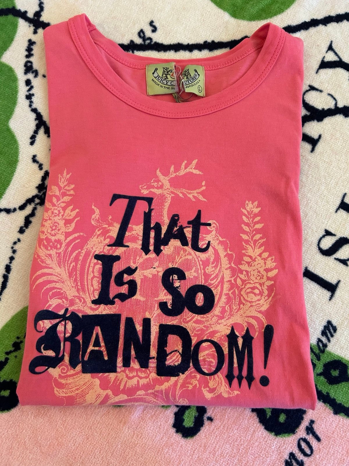 Y2K Vintage Juicy Couture Hot Pink Graphic Tee THAT IS SO RANDOM Size Large