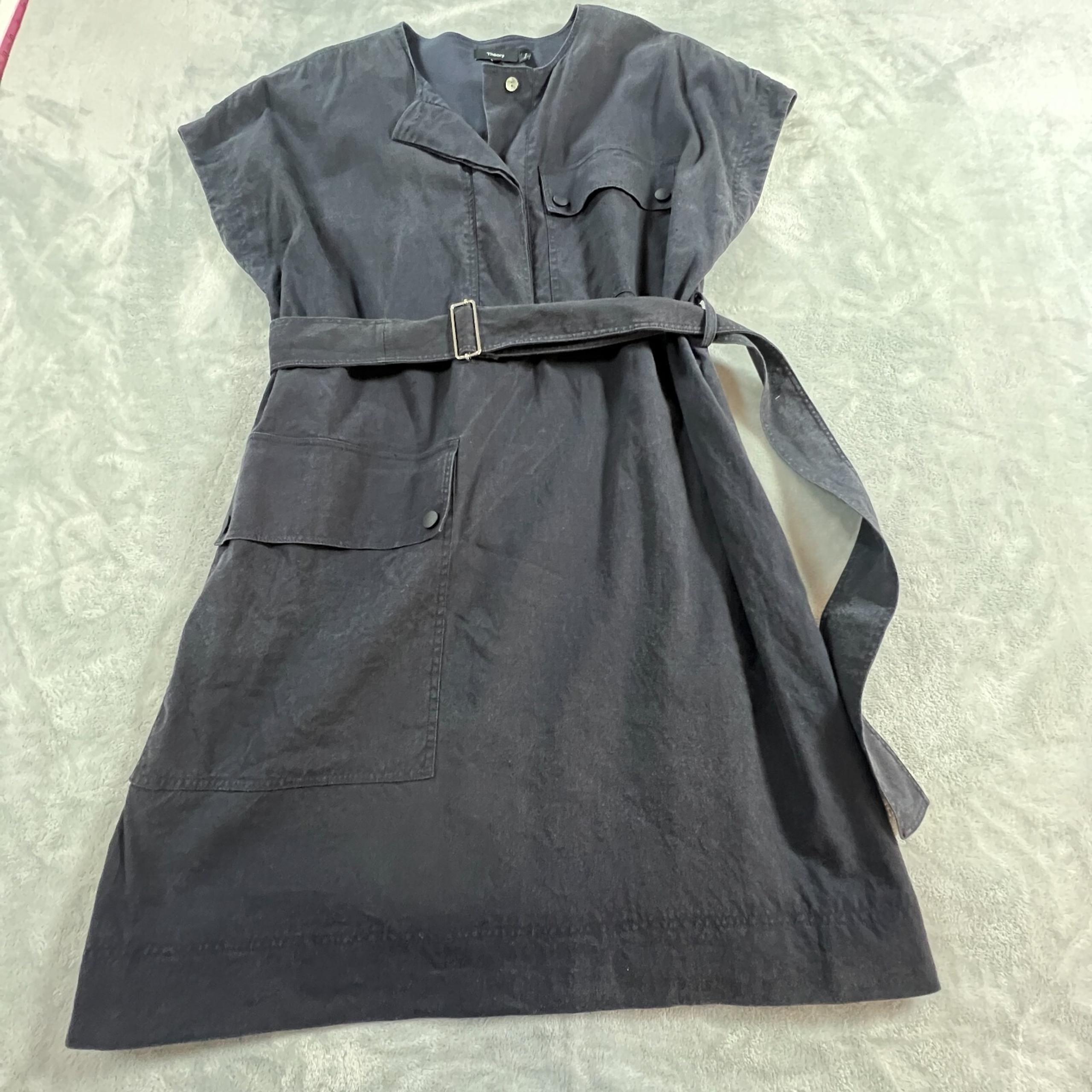 Theory Womens Midi Dress Sz 8 Minimalist Office Casual Belted Pockets Black