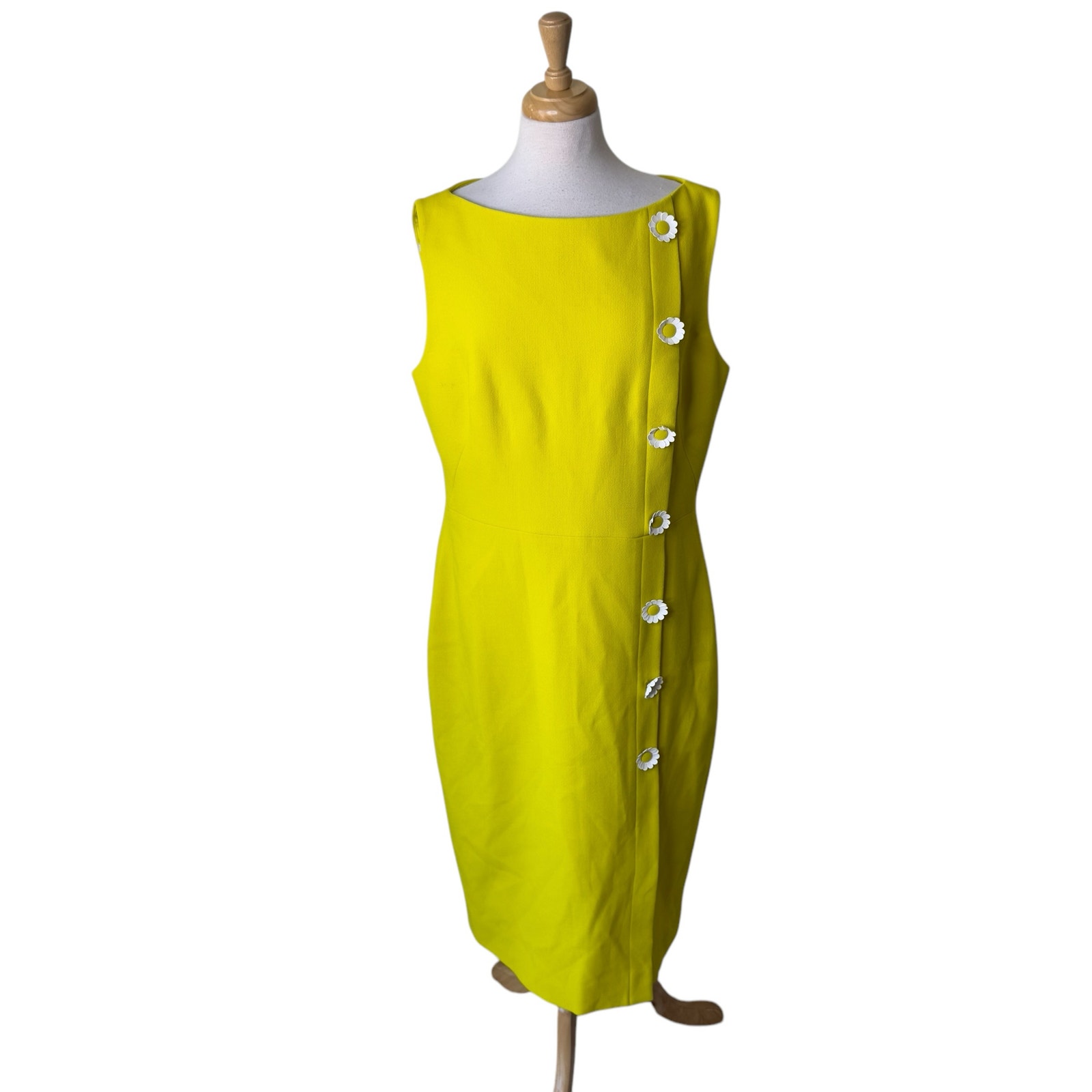 LELA ROSE Floral Button Wool Blend Crepe Dress Chartreuse Yellow Size 16