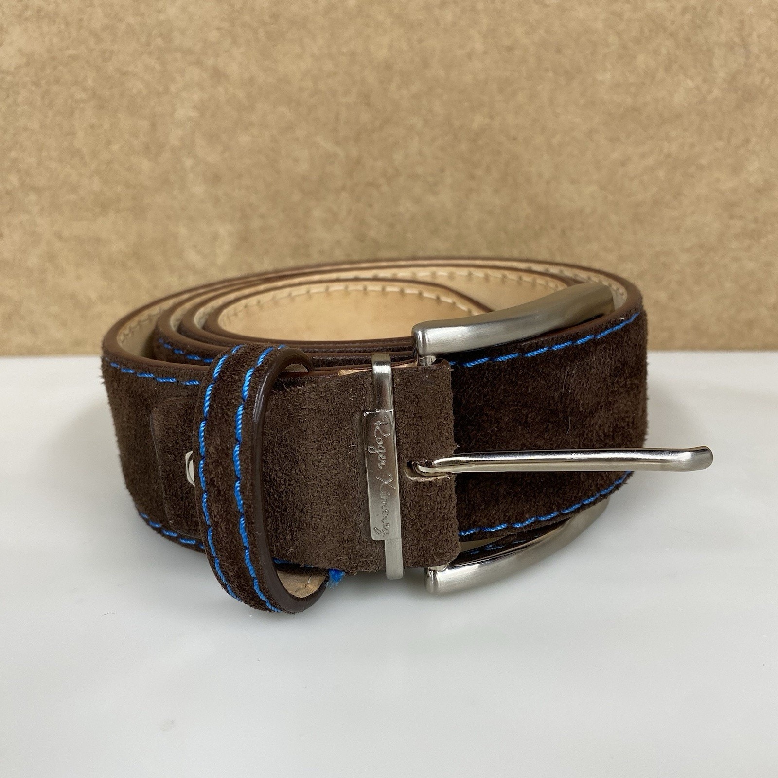 Roger Ximenez Mens Belt Brown Suede Leather Blue Stitch Handcrafted USA