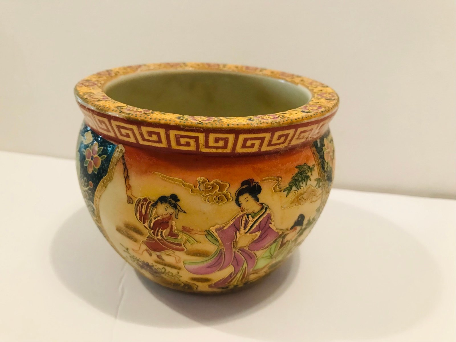 Vintage Satsuma Japanese Jardiniere Geisha Fishbowl Planter Pot Bowl Hand Painte