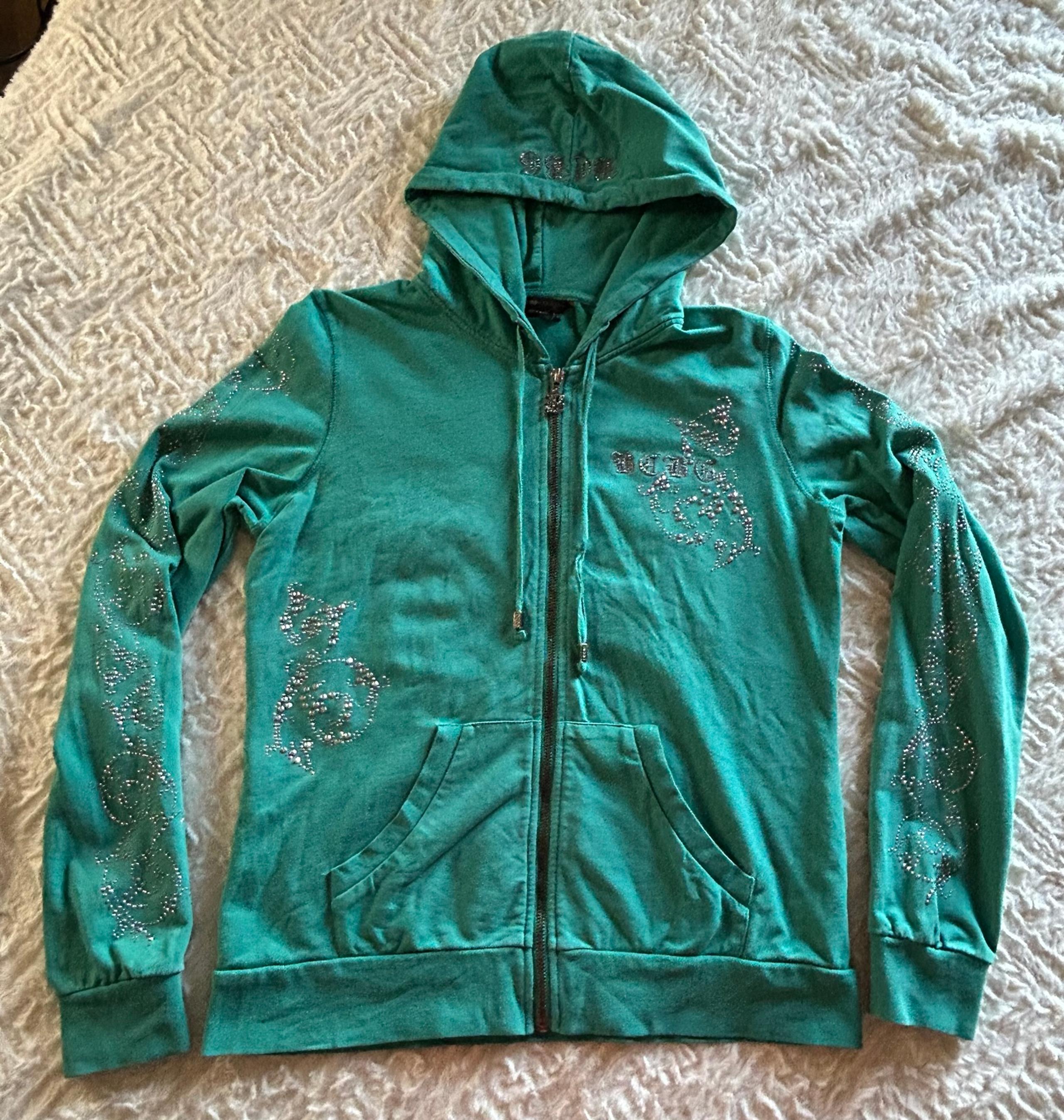 BCBG Maxazria Teal Blue bedazzled Full-Zip Hoodie size large