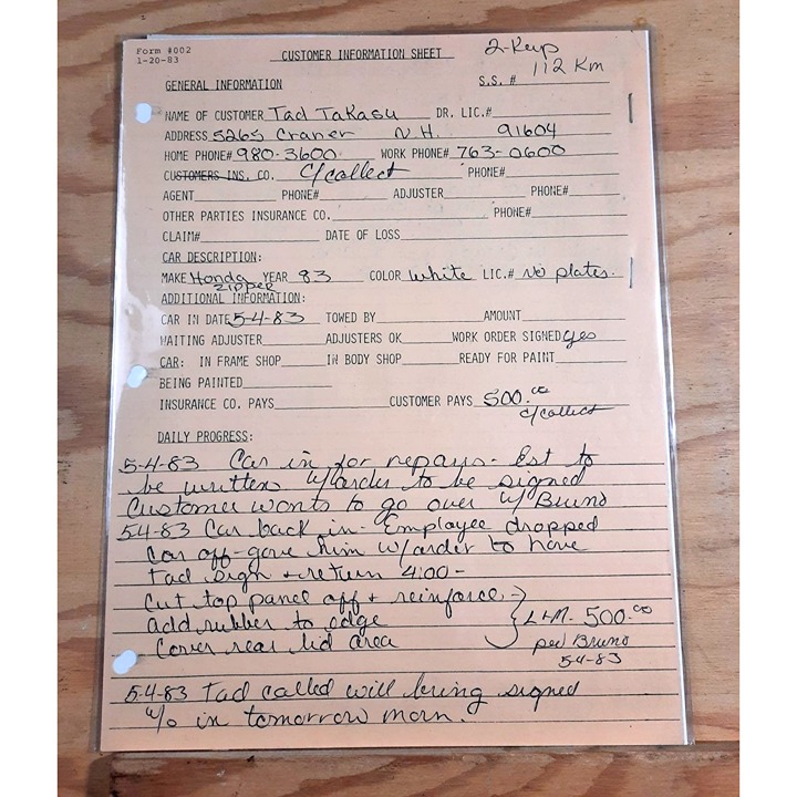Vintage Bruno's Corvette Tad Takasu Customer Info Repair Receipt Car Info Set 19