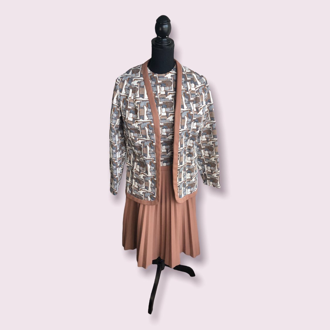 Vintage 60s 70s Donavan Galvani Of Dallas Brown Tan Grey 3 Piece Skirt Set Sz 14