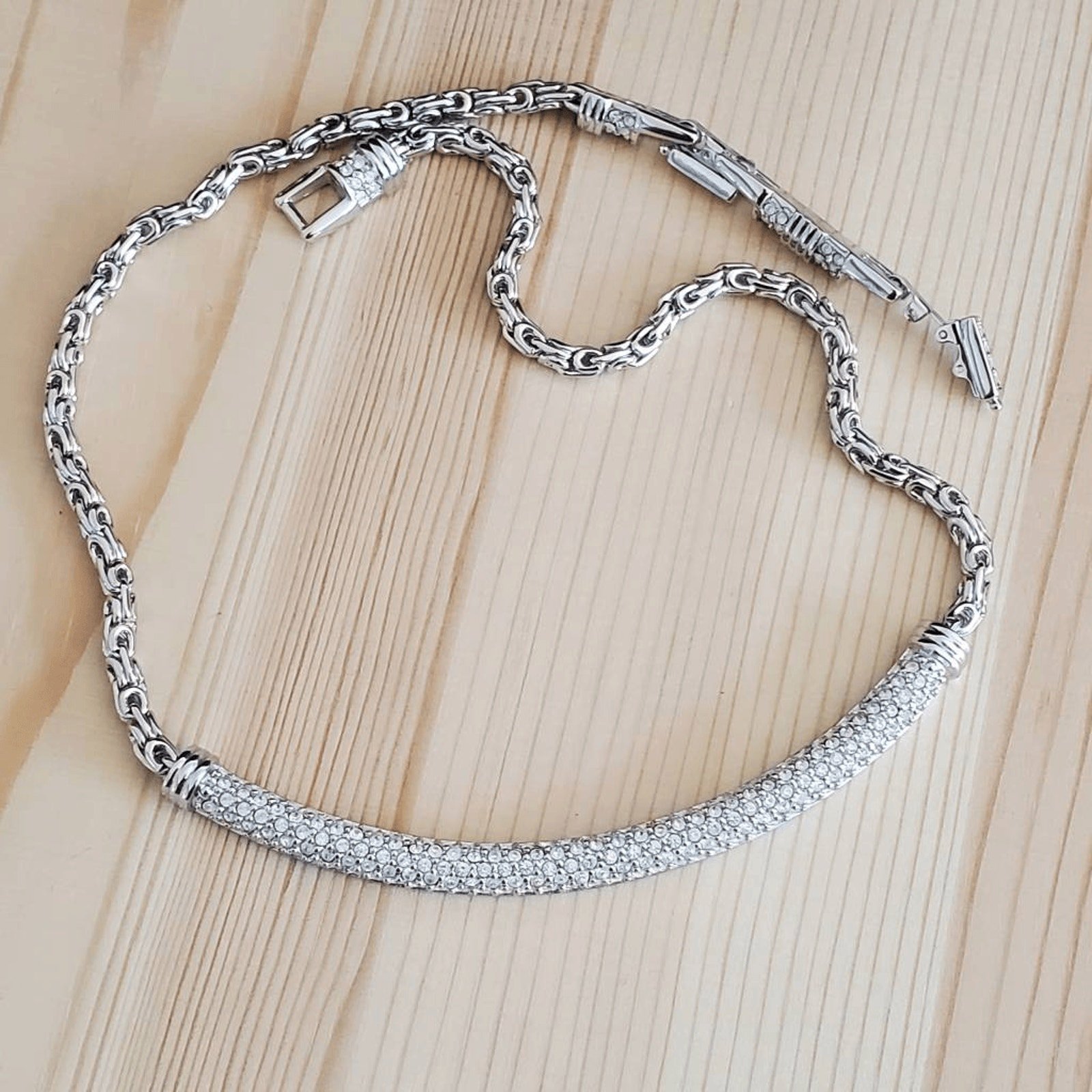 Swarovski Collar Necklace Rhodium Plated Pave Crystal Bar Swan Signed Adjustable