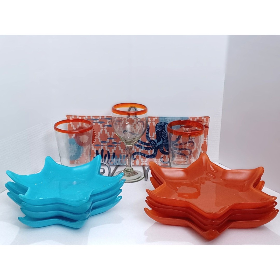 Prima Designs J. Brinley Octopus Dish 8 Tangerine and Turquoise Starfish Plates