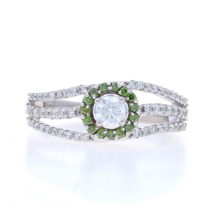 White Gold Green Diamond Halo Ring - 14k Round .50ctw Curved Treated LX4358