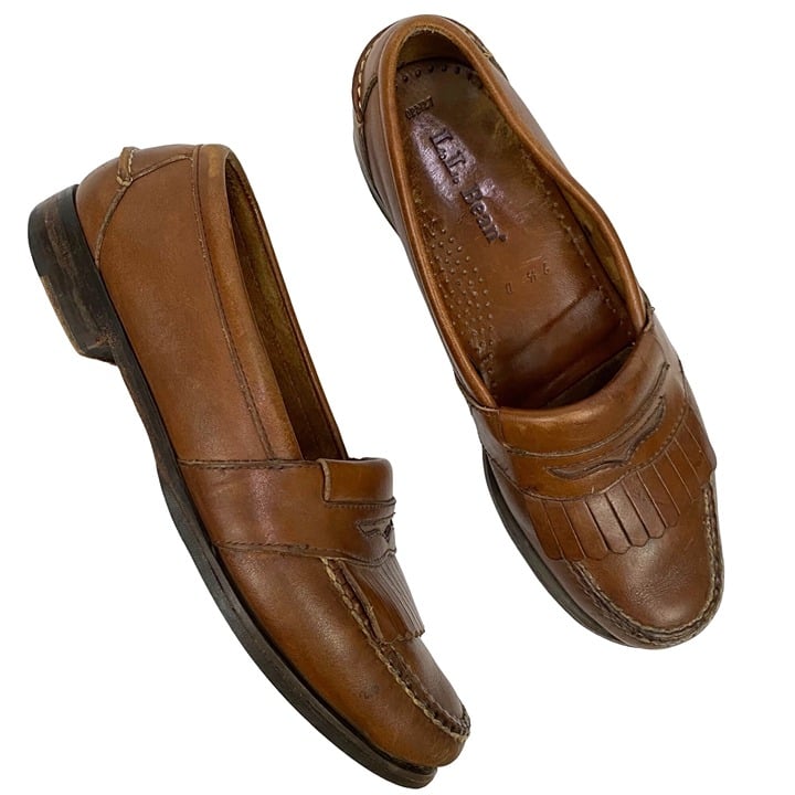 L.L. Bean Brown Leather Fringe Loafers Goodyear Bottoms Slip On Shoes Mens 9.5D
