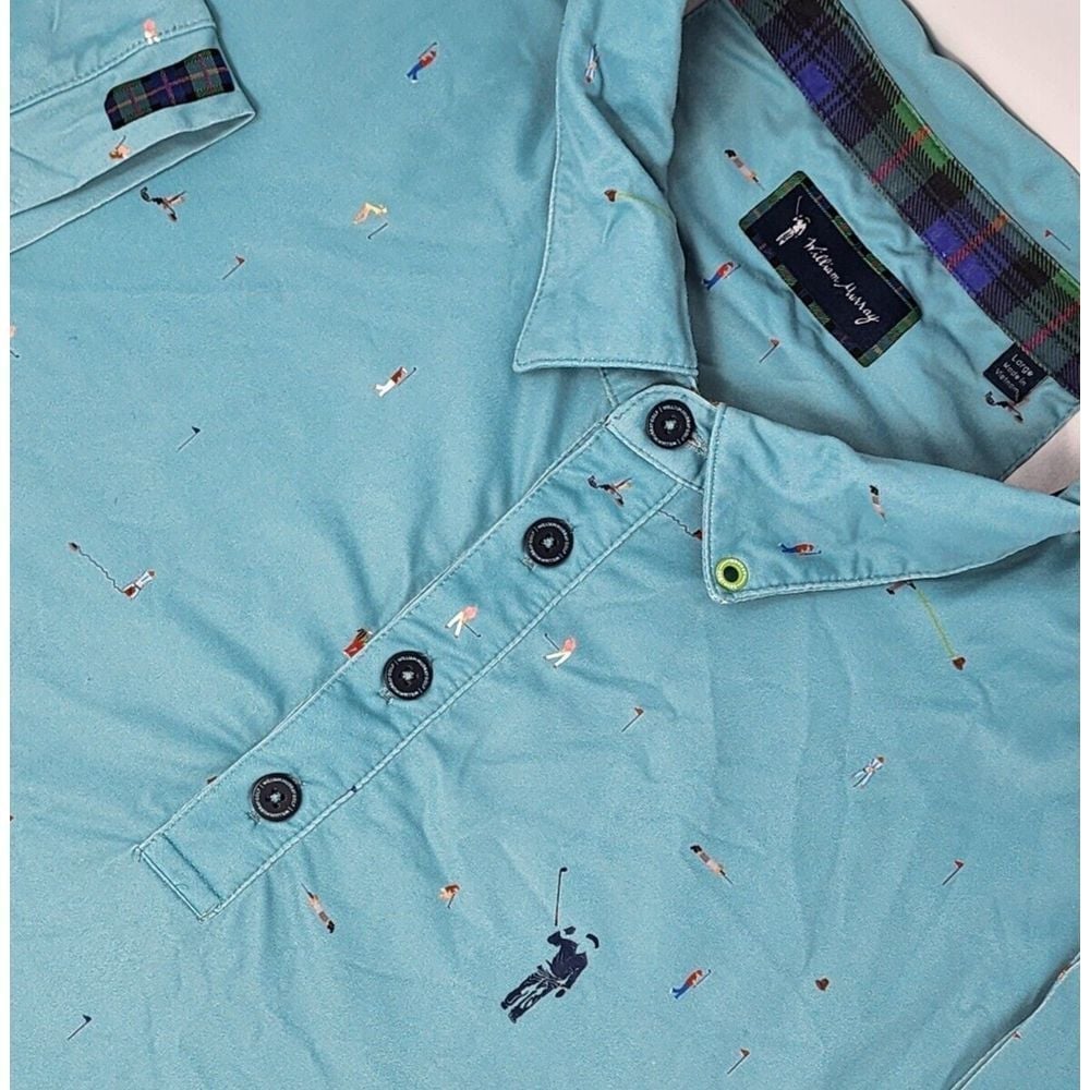 William Murray Polo Shirt Mens L Aqua Blue Golf All Over Print Performance EUC