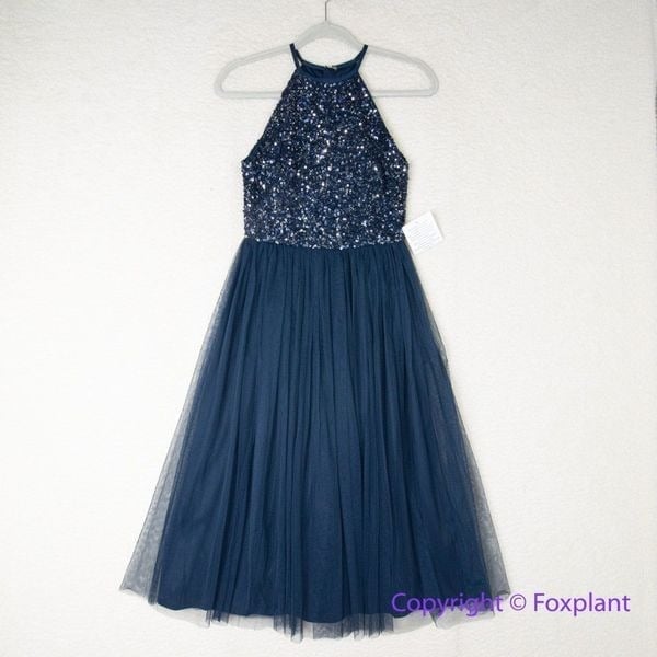 New! Maya halterneck midi tulle dress tonal delicate sequin navy size 2