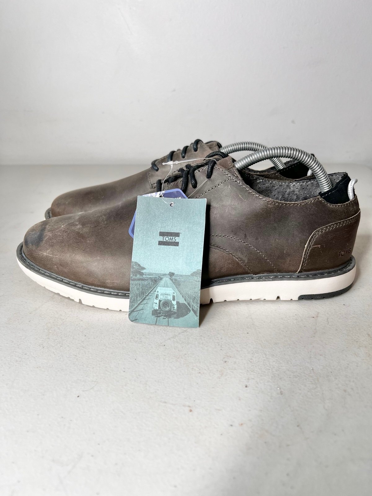 TOMS Men’s Navi Oxford Flat Boat Shoes Charcoal Leather Suede Pavement Size 11