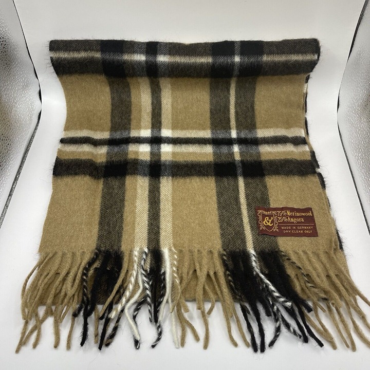 Vintage Wool Neck Scarf Brown Tartan Check Plaid Made in Germany Fringe 54x12
