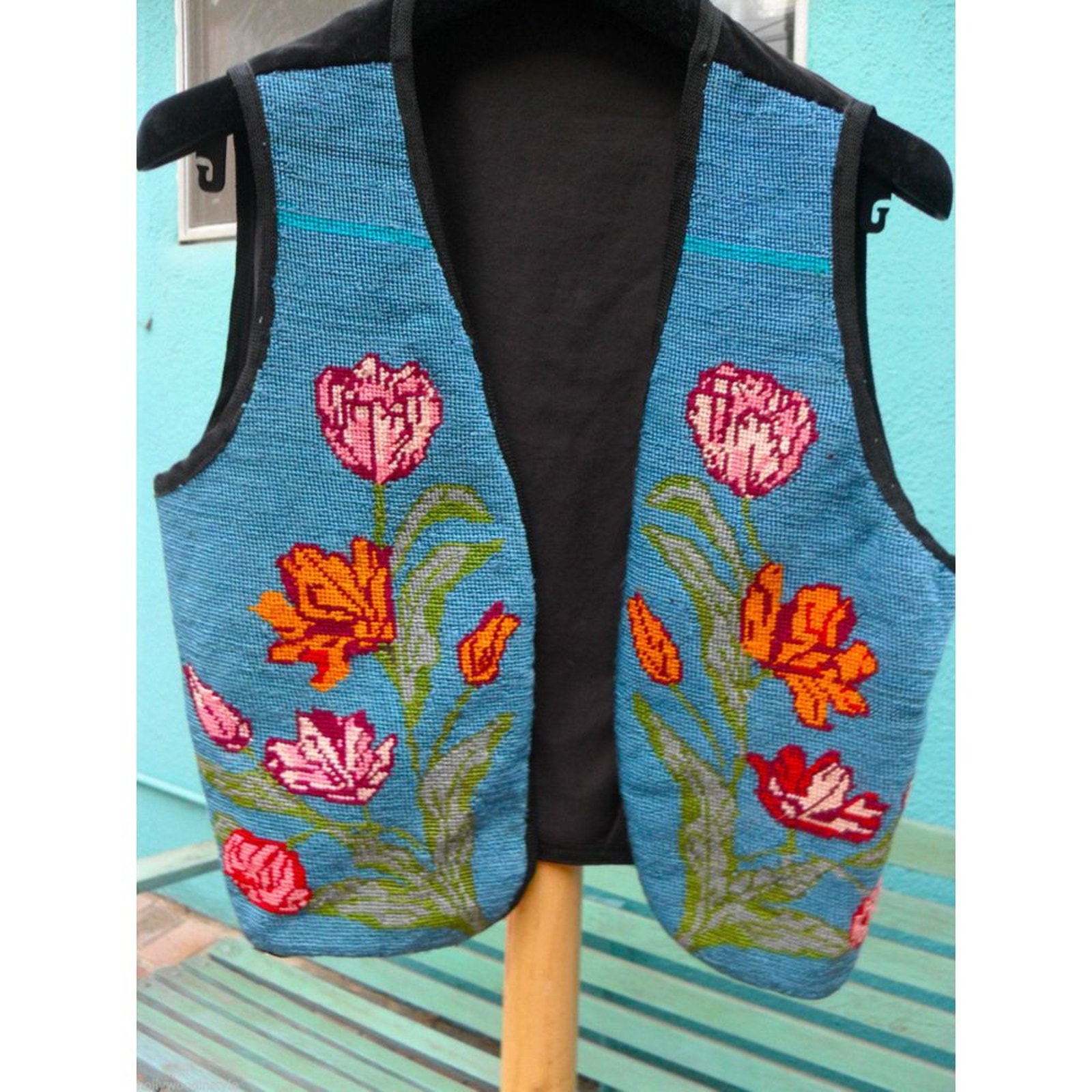 VINTAGE NEEDLEPOINT VEST w/ BLACK VELVET Back, PAISLEY SILK LINING - UNWORN