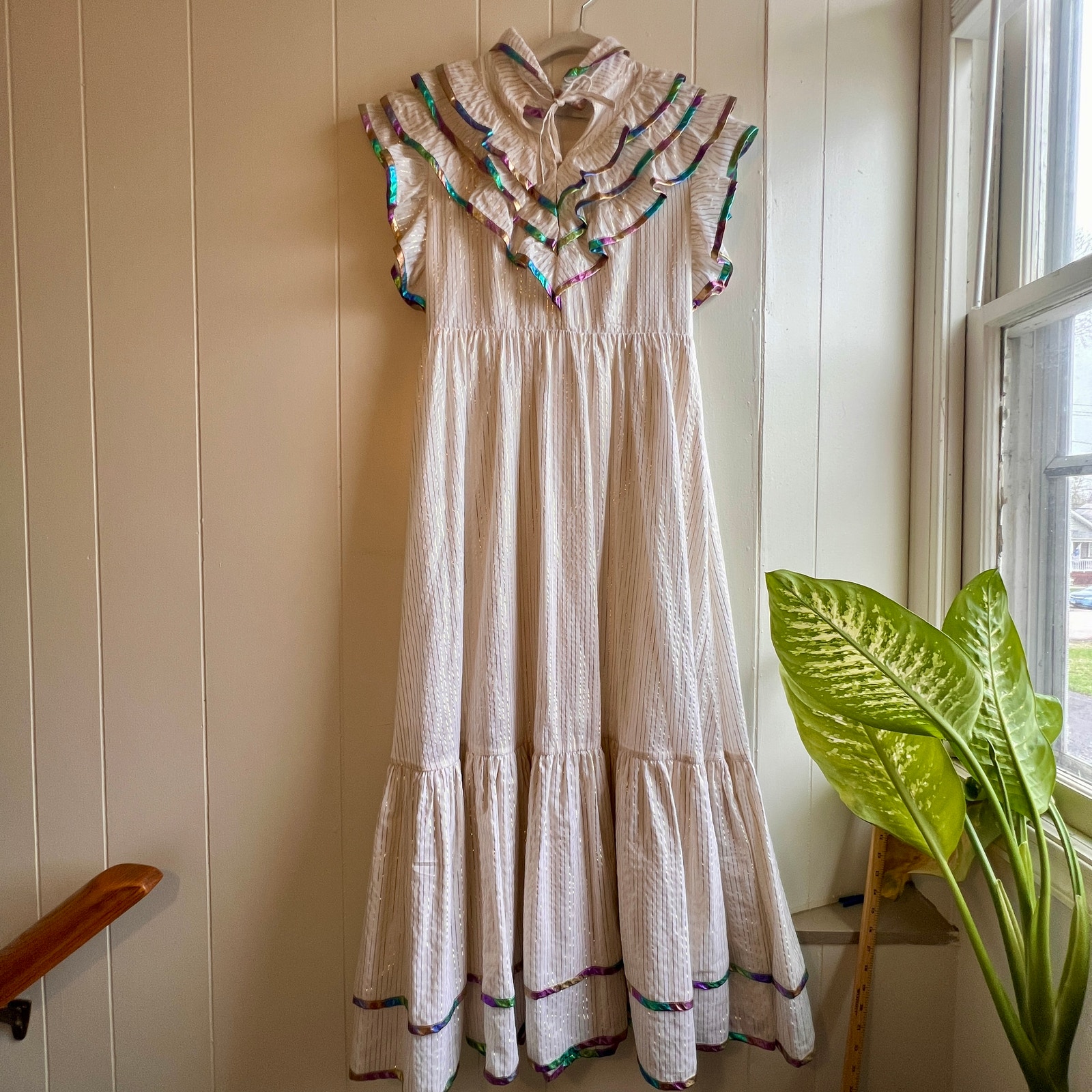 CeliaB Metallic Pinstripe Midi Ruffle Dress Size Large