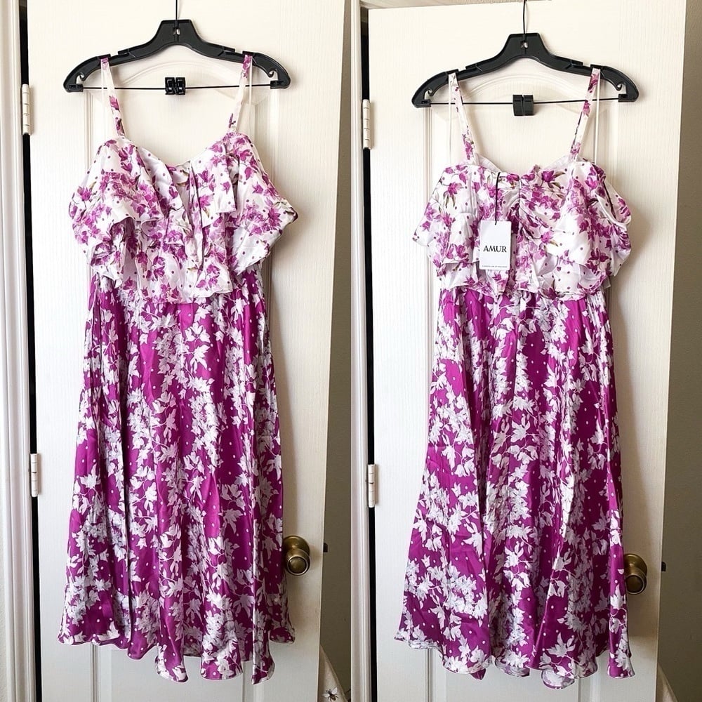 AMUR Dress Off-The-Shoulder Popover Waist Floral Silk Flowy Midi Magenta 4 NWT