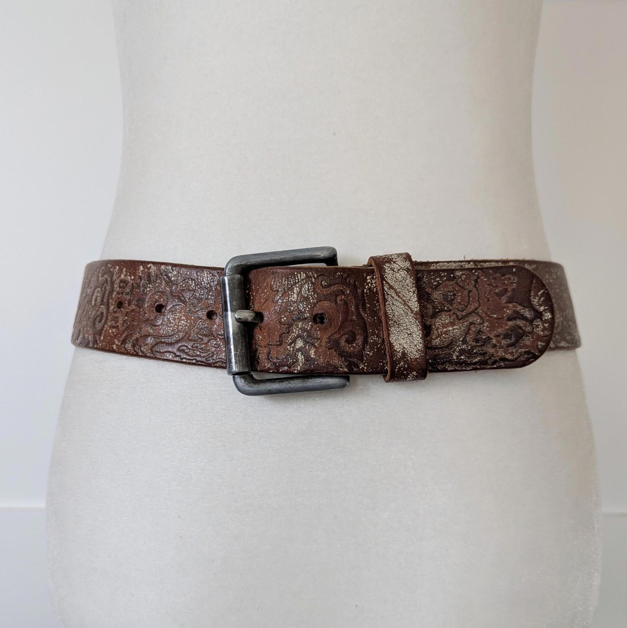 Vintage Y2K Diesel 1.5" Paint Distressed Leather Belt Size 75 Made In Italy