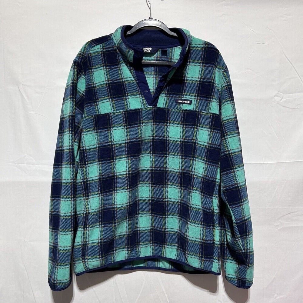 Lands' End Mens Pullover Heritage Fleece Snap Sweater Check Teal Blue Large TALL