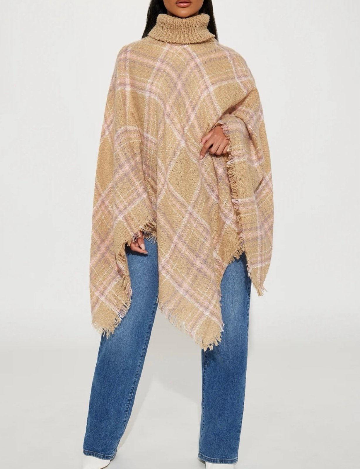Fashion Nova Rowana Plaid Turtle Neck Fringe Shawl Sweater Cape Cardigan